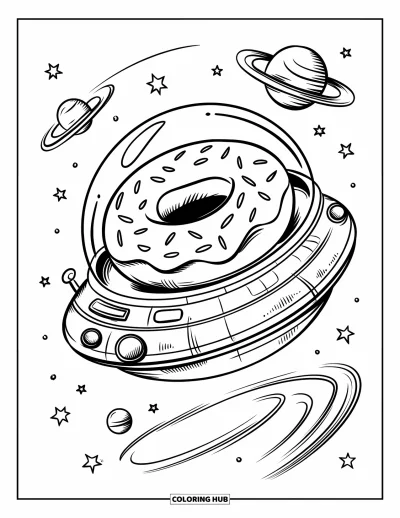 Coloriage de donut pour adultes : Un vaisseau spatial rond avec un donut à l’intérieur vole dans l’espace, entouré de planètes scintillantes