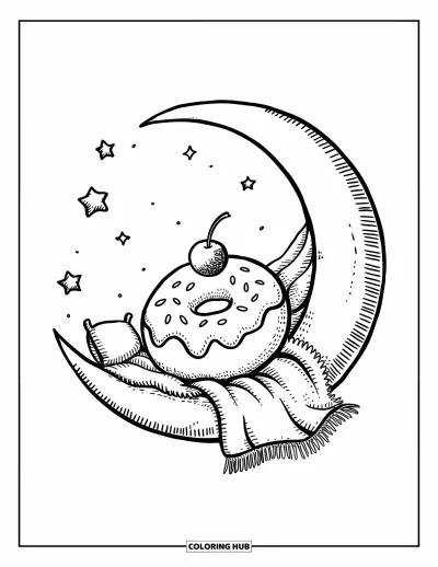 Coloriage de donut pour adultes : Un donut endormi se repose paisiblement sur un croissant de lune, enveloppé dans une couverture douce