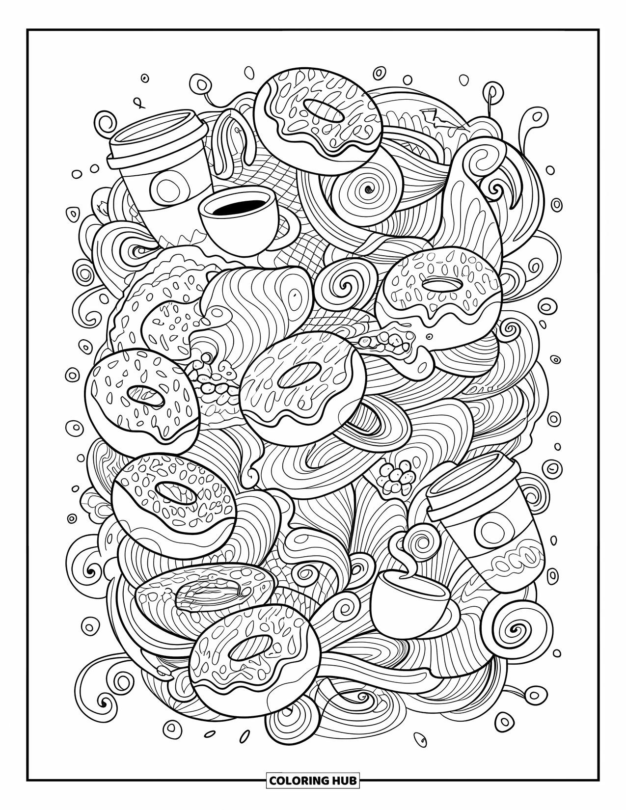 Donut Coloring Page for Adults: An intricate coffee and donut doodle, featuring detailed swirls and decorative elements