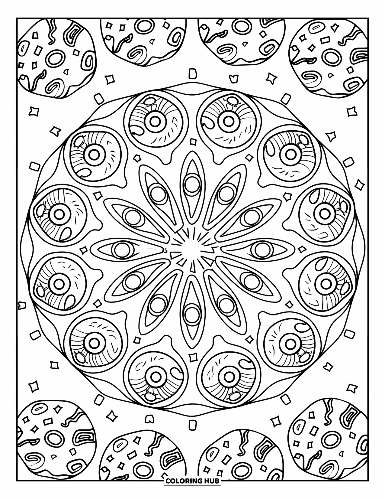 Donut Coloring Page for Adults: An intricate donut mandala with decorative frosting swirls and artistic patterns