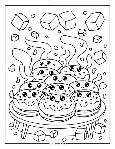 Coloriage de donut pour adultes : Des donuts joyeux sont assis autour d’une table basse, sirotant du thé et partageant des douceurs