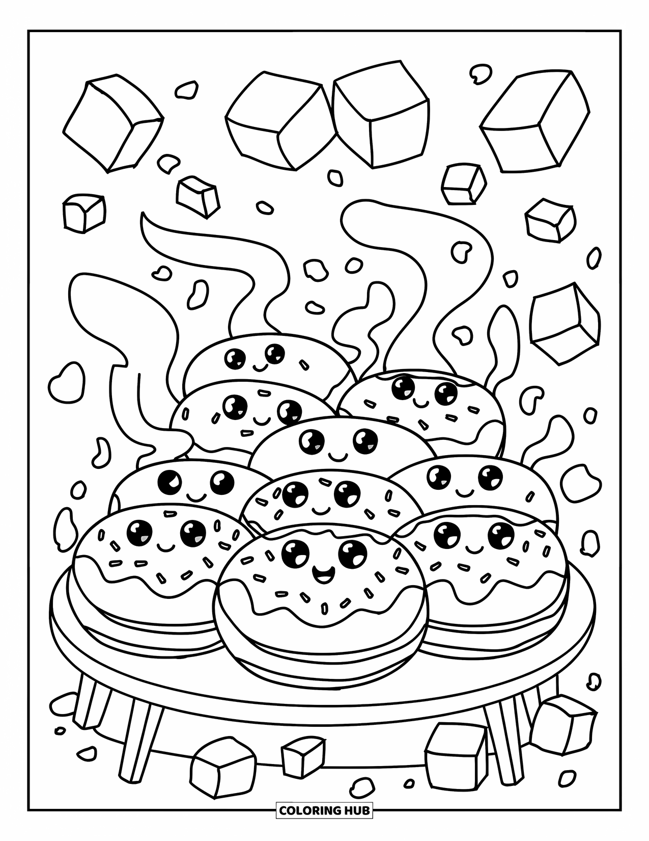 Donut Coloring Page for Adults: Happy donuts sit around a low table, sipping tea and sharing sweet treats