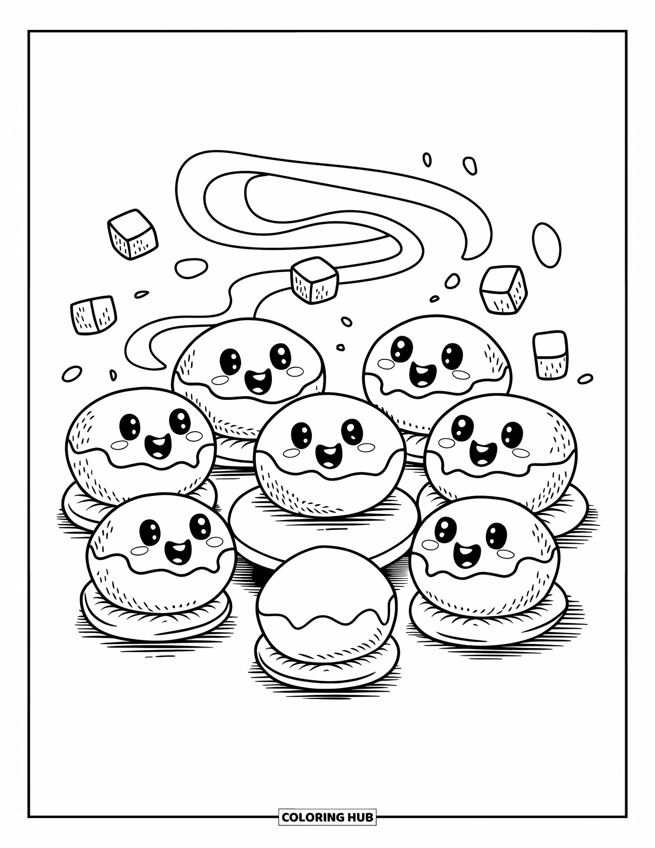 Donut Coloring Page for Adults: Smiling donuts enjoy a warm gathering, surrounded by floating sugar cubes and steam swirls