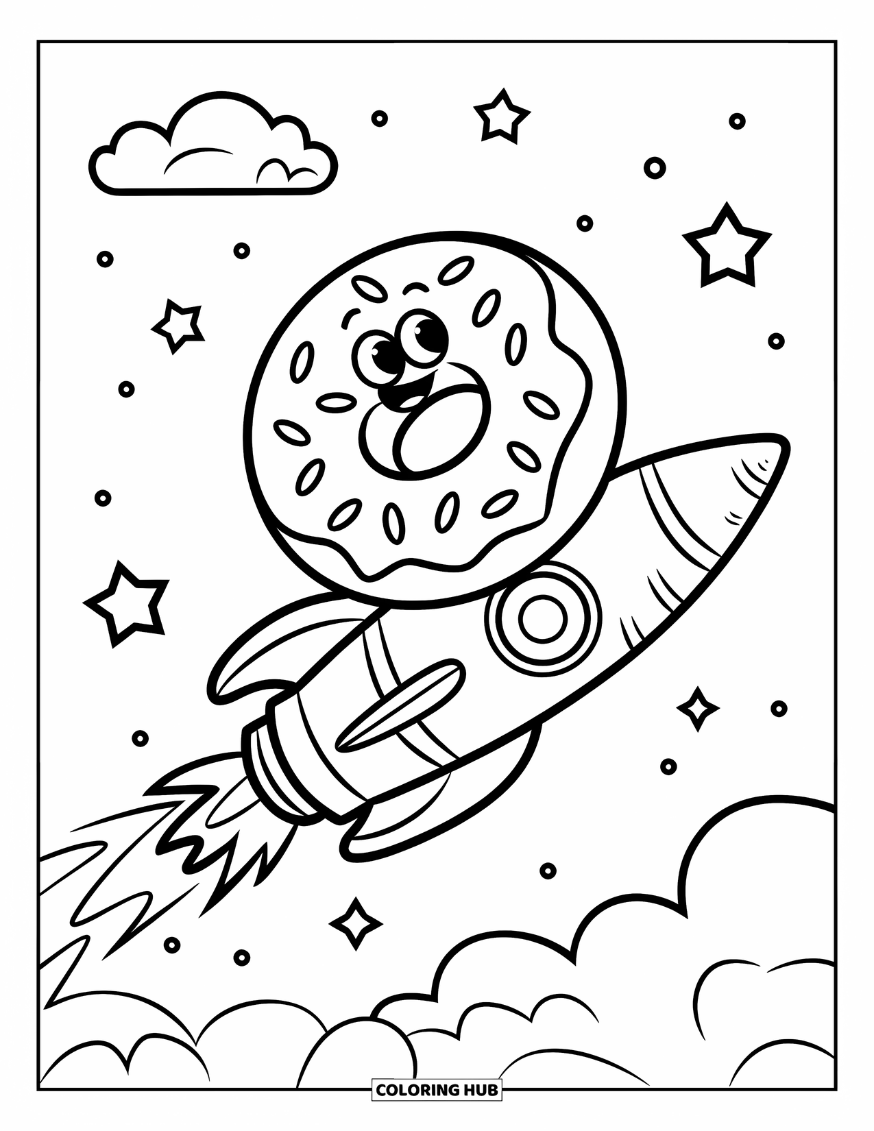 Donut Coloring Page for Kids: A cartoon donut flying on a candy rocket, soaring through a sky full of stars
