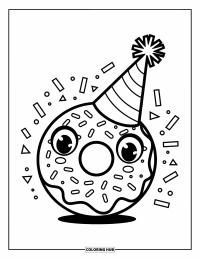 Coloriage de donut pour enfants : Un donut joyeux portant un chapeau de fête, entouré de confettis, pour un coloriage amusant