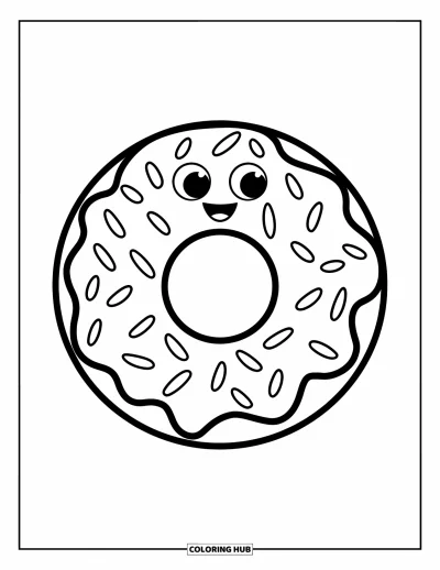 Coloriage de donut pour enfants : Un donut joyeux avec des vermicelles et un visage heureux, prêt à être colorié