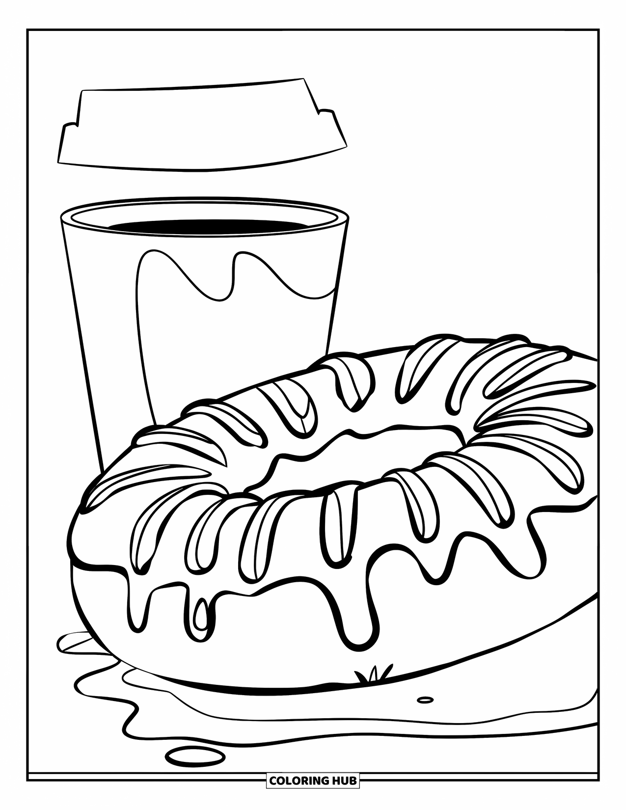 Donut Coloring Page for Kids: A close-up of a donut with frosting drips and a coffee cup in the background