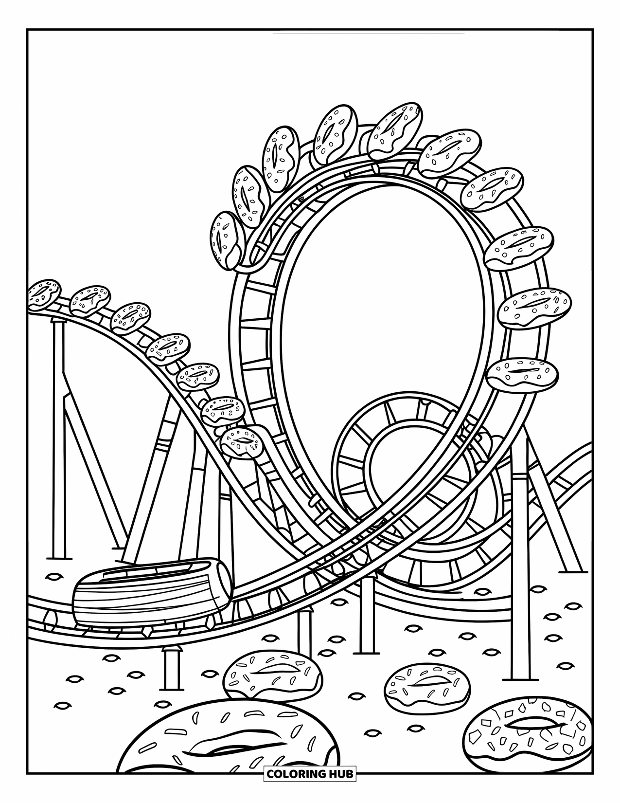 Donut Coloring Page for Kids: A donut roller coaster with donuts on tracks, featuring loops and twists to color