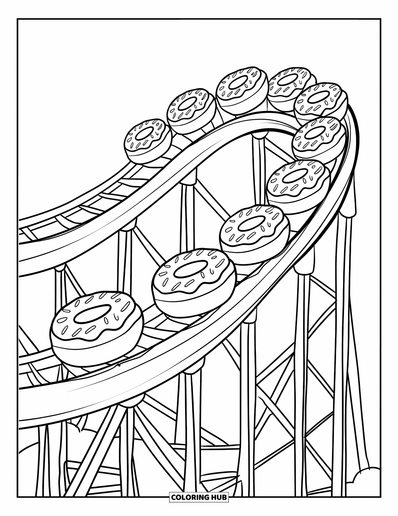 Donut Coloring Page for Kids: A donut roller coaster with sprinkles on the tracks and fun twists to color