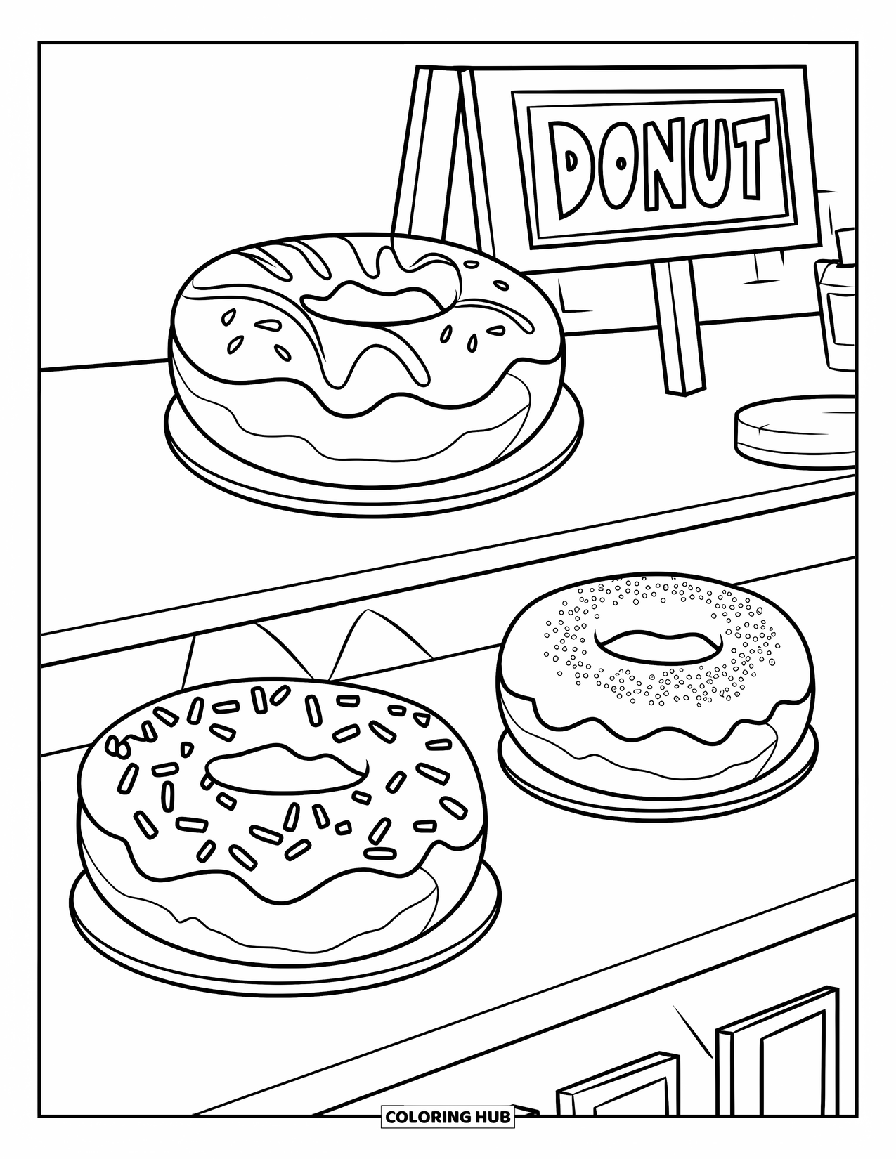 Donut Coloring Page for Kids: A donut shop scene with three donuts, each decorated with frosting, sprinkles, or filling