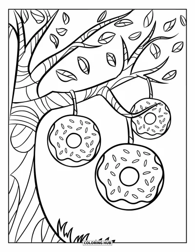 Coloriage de donut pour enfants : Un arbre à donuts avec des donuts suspendus comme des fruits, prêt pour une aventure de coloriage amusante