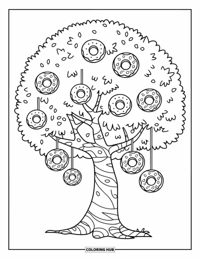 Coloriage de donut pour enfants : Un arbre à donuts avec des donuts suspendus, des branches et une écorce texturée pour une scène amusante