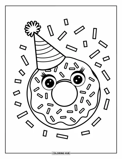 Coloriage de donut pour enfants : Un donut avec un chapeau de fête et des confettis, répandant des vibrations d’anniversaire avec un grand sourire