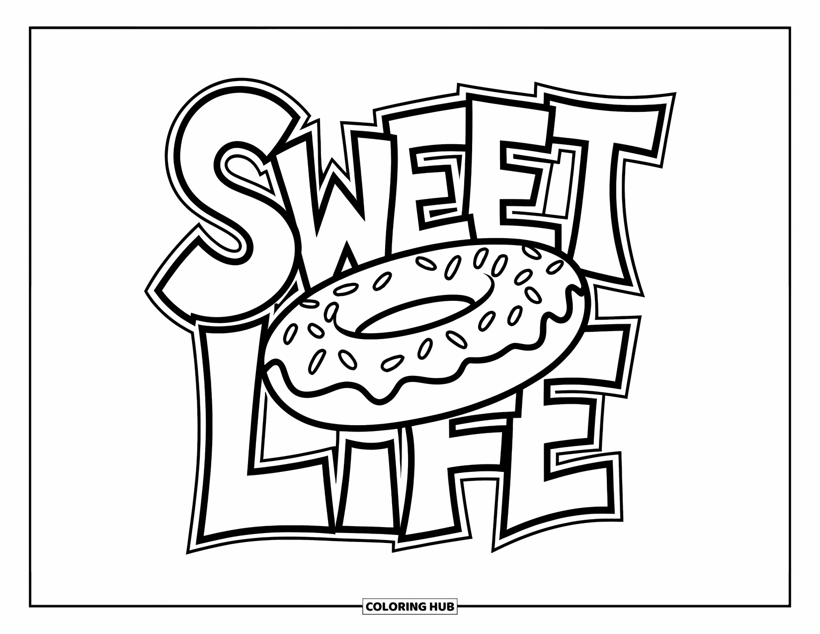 Donut Coloring Page for Kids: A donut with detailed frosting and "Sweet Life" lettering, perfect for a colorful design