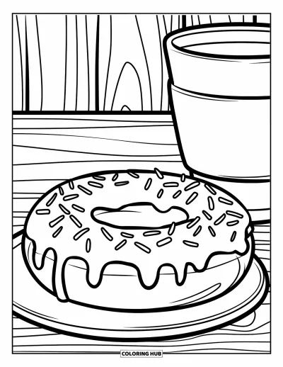 Coloriage de donut pour enfants : Un donut avec du glaçage et des vermicelles, avec une tasse de café à côté sur une surface en bois