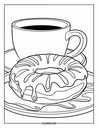 Coloriage de donut pour enfants : Un donut avec des détails de glaçage et une tasse de café en arrière-plan pour une scène chaleureuse