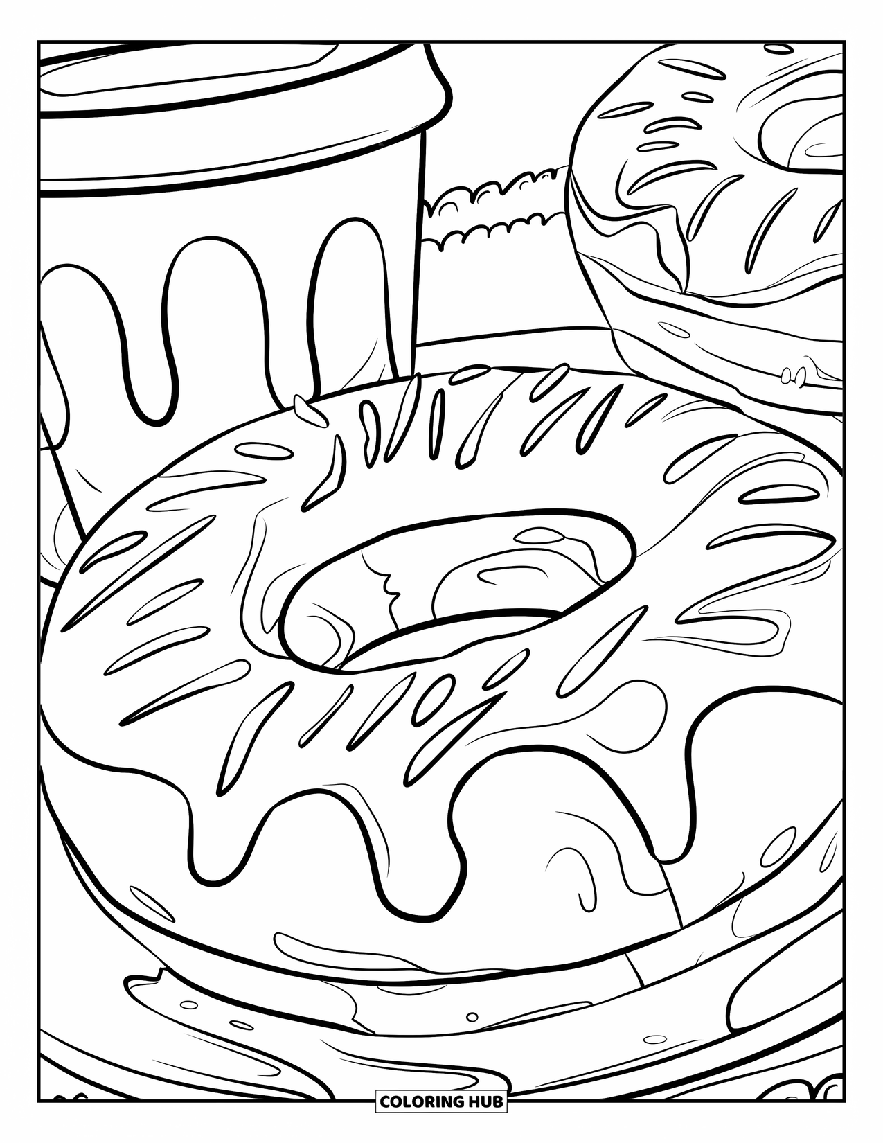 Donut Coloring Page for Kids: A donut with frosting details and glaze drips, paired with a coffee cup for coloring