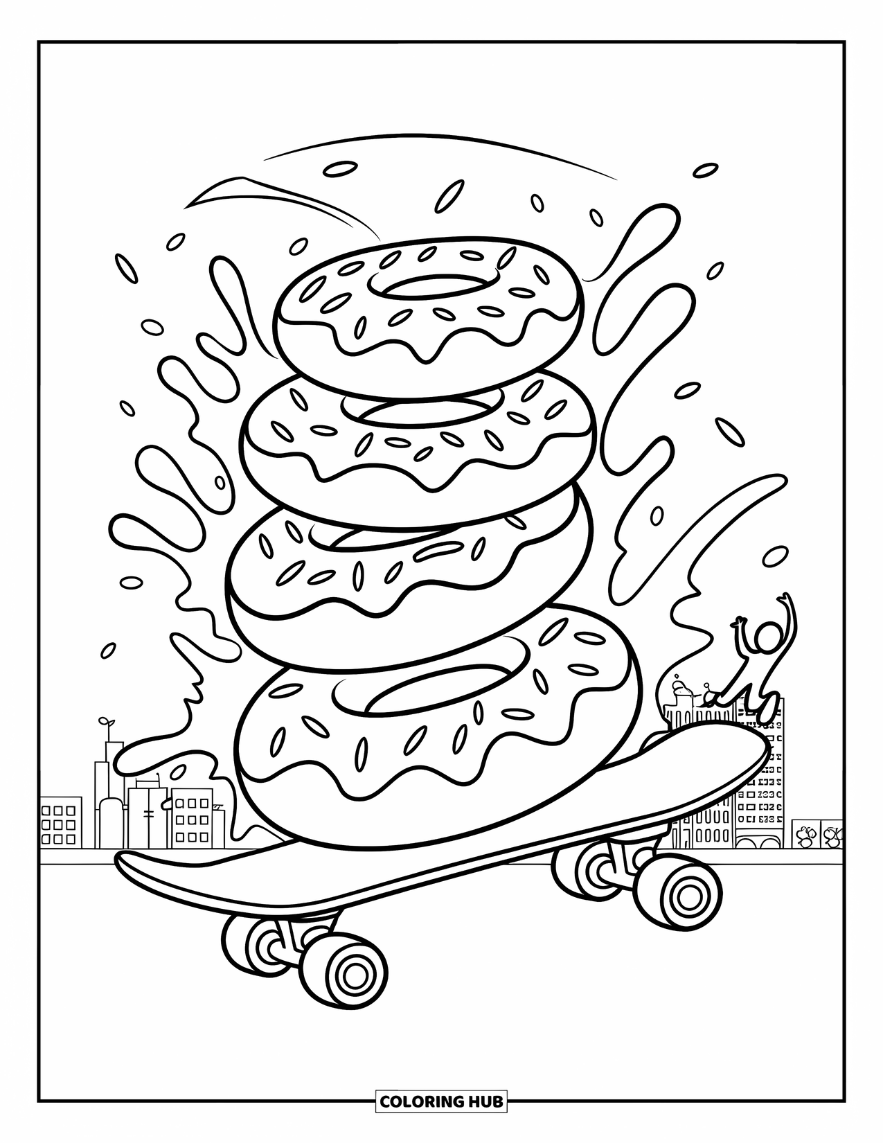 Donut Coloring Page for Kids: A dynamic scene of donuts on a skateboard, splashing icing and sprinkles through the air