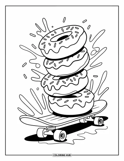 Coloriage de donut pour enfants : Une scène dynamique de donuts empilés sur un skateboard, avec du glaçage et des vermicelles volant dans les airs