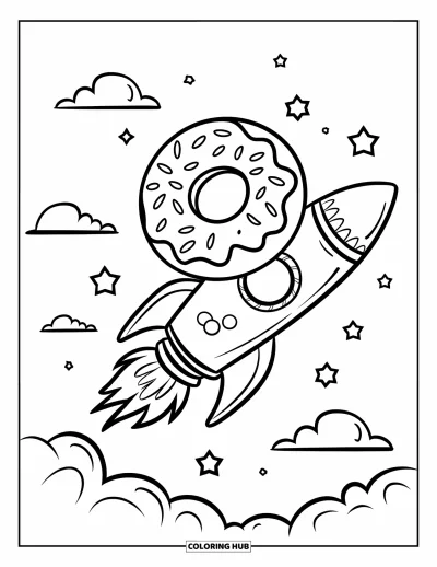 Coloriage de donut pour enfants : Un donut amusant volant sur une fusée de bonbons, avec des étoiles et des nuages en arrière-plan