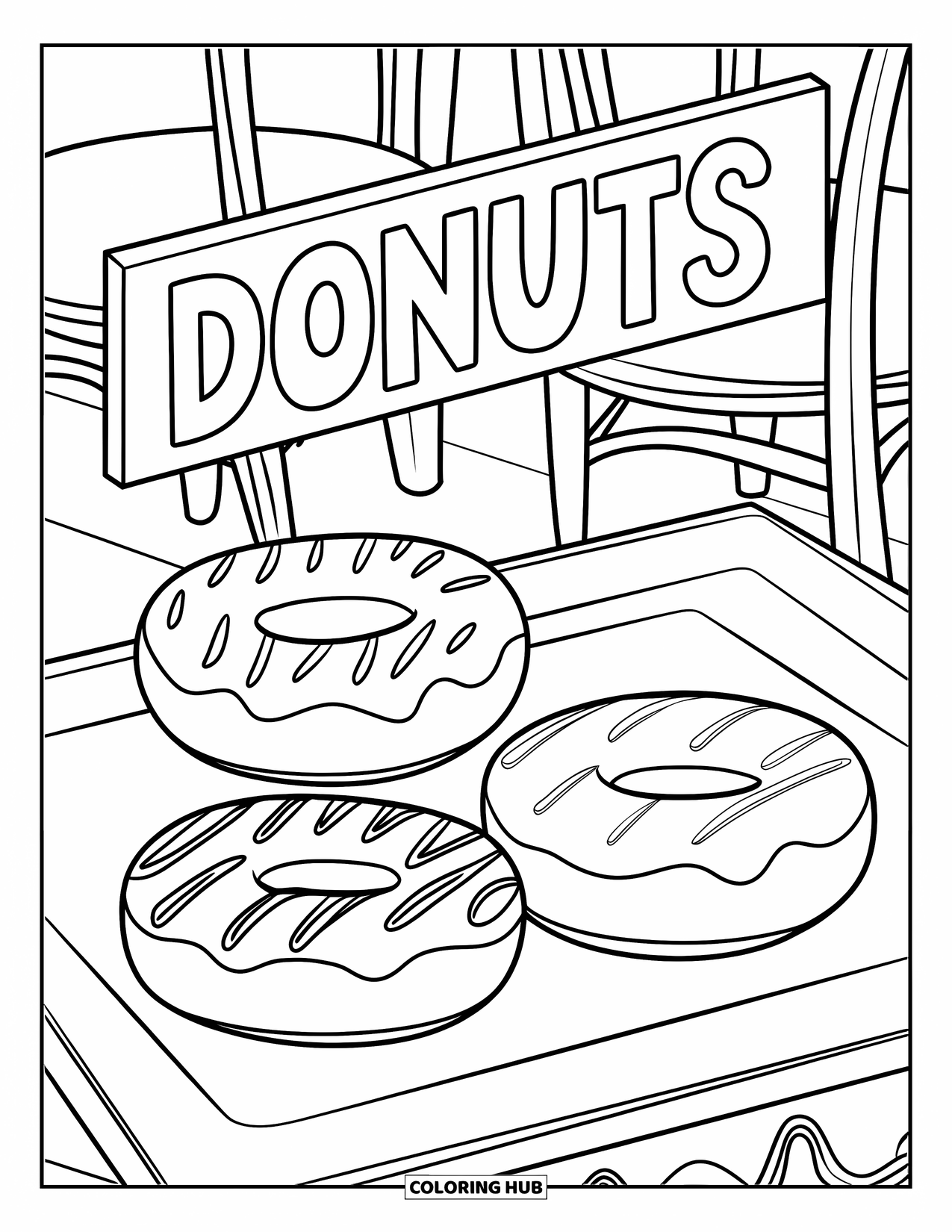 Donut Coloring Page for Kids: A fun donut shop scene with three donuts on display, each topped with a different treat