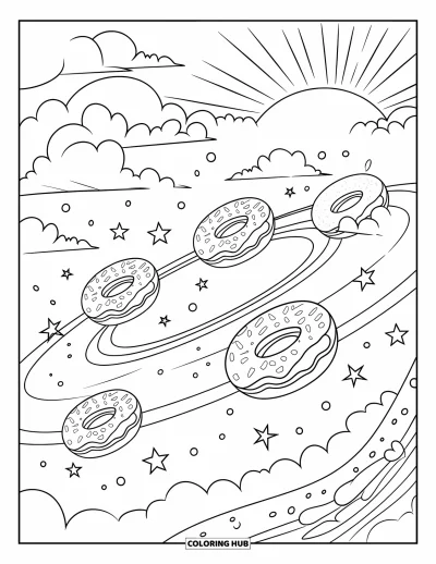 Coloriage de donuts pour enfants : Une galaxie de planètes en forme de donuts, d'étoiles et d'un arc-en-ciel, pour une aventure colorée pleine de fantaisie