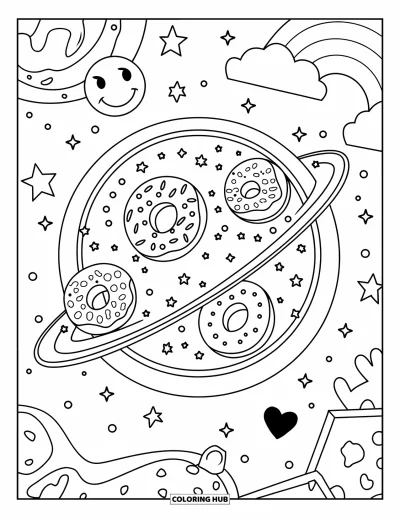 Coloriage de donuts pour enfants : Une galaxie de planètes en forme de donuts entourées d'étoiles, avec un arc-en-ciel espiègle et un visage souriant