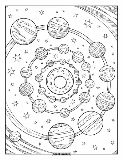 Coloriage de donut pour enfants : Une galaxie avec des planètes en forme de donuts en spirale, remplie d’étoiles et de plaisir cosmique