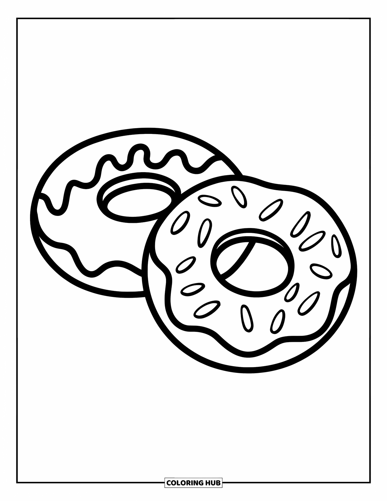 Donut Coloring Page for Kids: A pair of donuts, one glazed and one sprinkled, perfect for a fun coloring moment