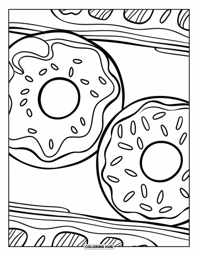 Coloriage de donut pour enfants : Une paire de donuts avec du glaçage et des vermicelles, côte à côte pour un design ravissant