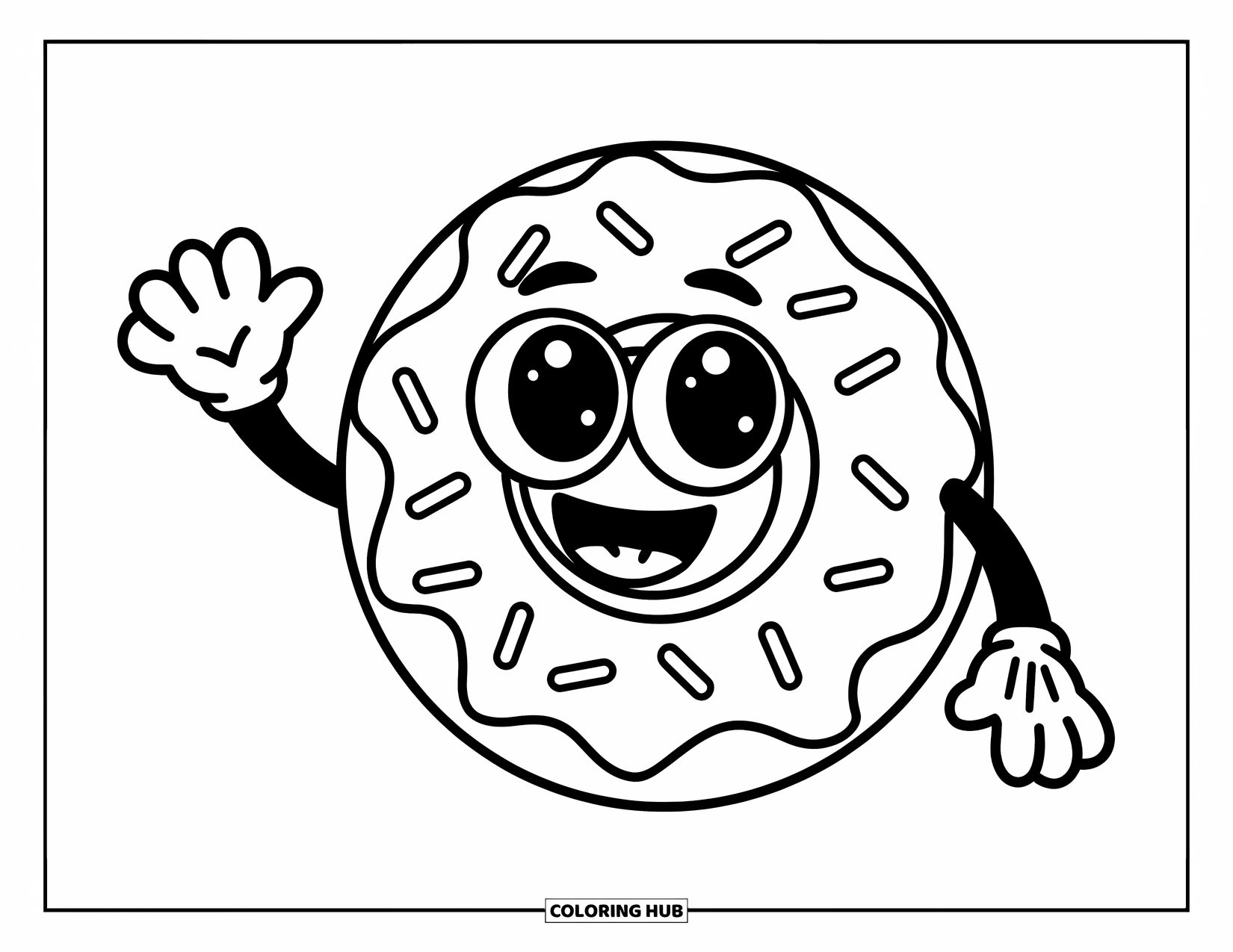 Donut Coloring Page for Kids: A playful donut character with a big smile and frosting-covered arm, spreading cheer