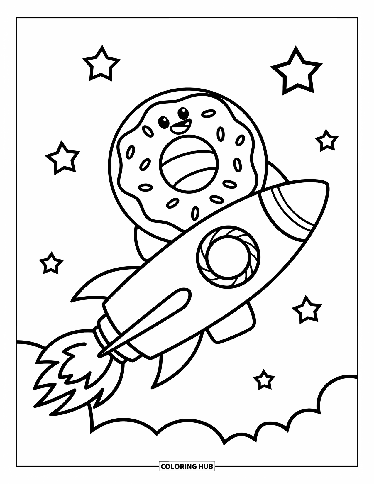 Donut Coloring Page for Kids: A playful donut flying on a candy rocket, surrounded by stars and clouds