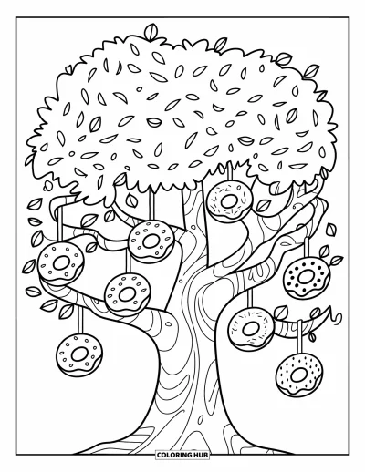 Coloriage de donuts pour enfants : Un arbre gourmand avec des donuts suspendus comme des fruits, parfait à colorier
