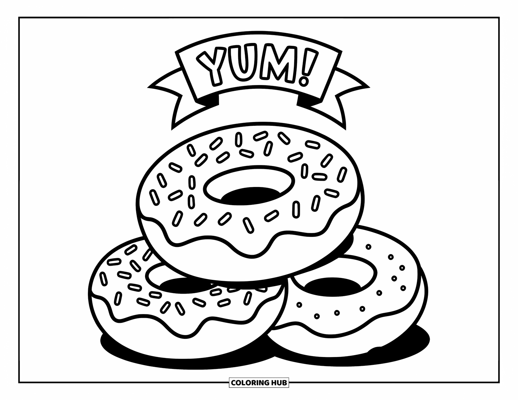 Donut Coloring Page for Kids: A pyramid of three donuts with frosting, sprinkles, and a 'Yum!' banner above