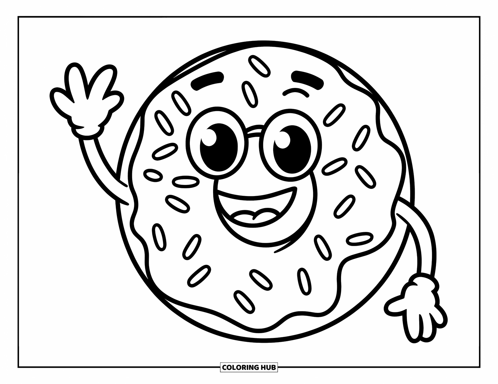 Donut Coloring Page for Kids: A smiling donut character with frosting-covered arms, ready to spread some joy