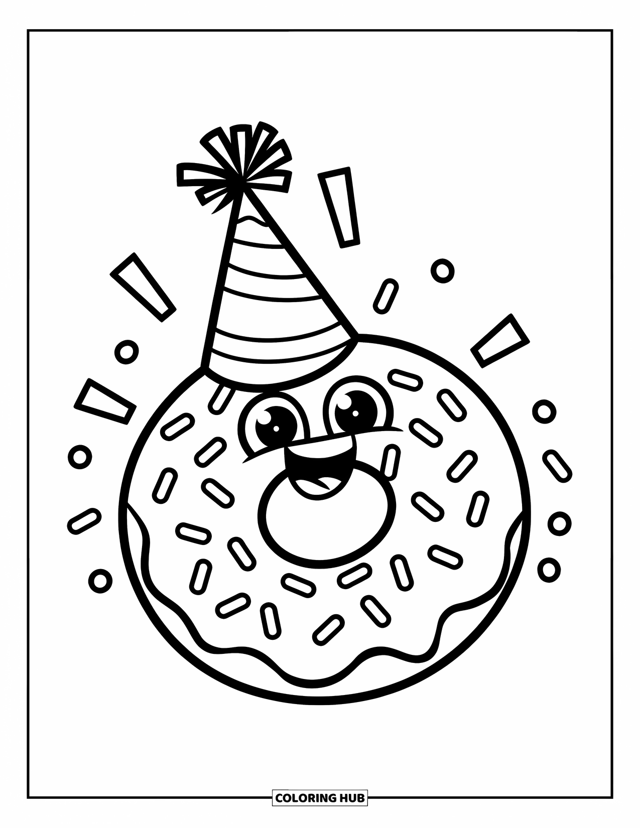 Donut Coloring Page for Kids: A smiling donut with a party hat, surrounded by a confetti design for fun