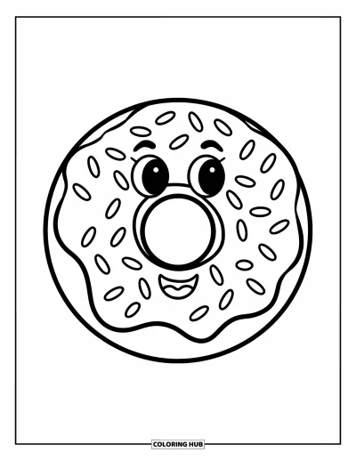 Coloriage de donut pour enfants : Un donut souriant avec des vermicelles et un visage heureux pour un coloriage amusant