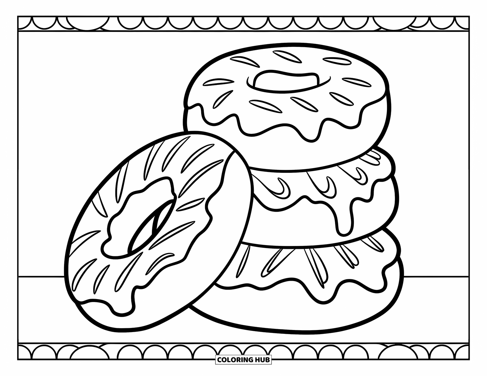 Donut Coloring Page for Kids: A stack of donuts with thick outlines and different glazes, ready for coloring