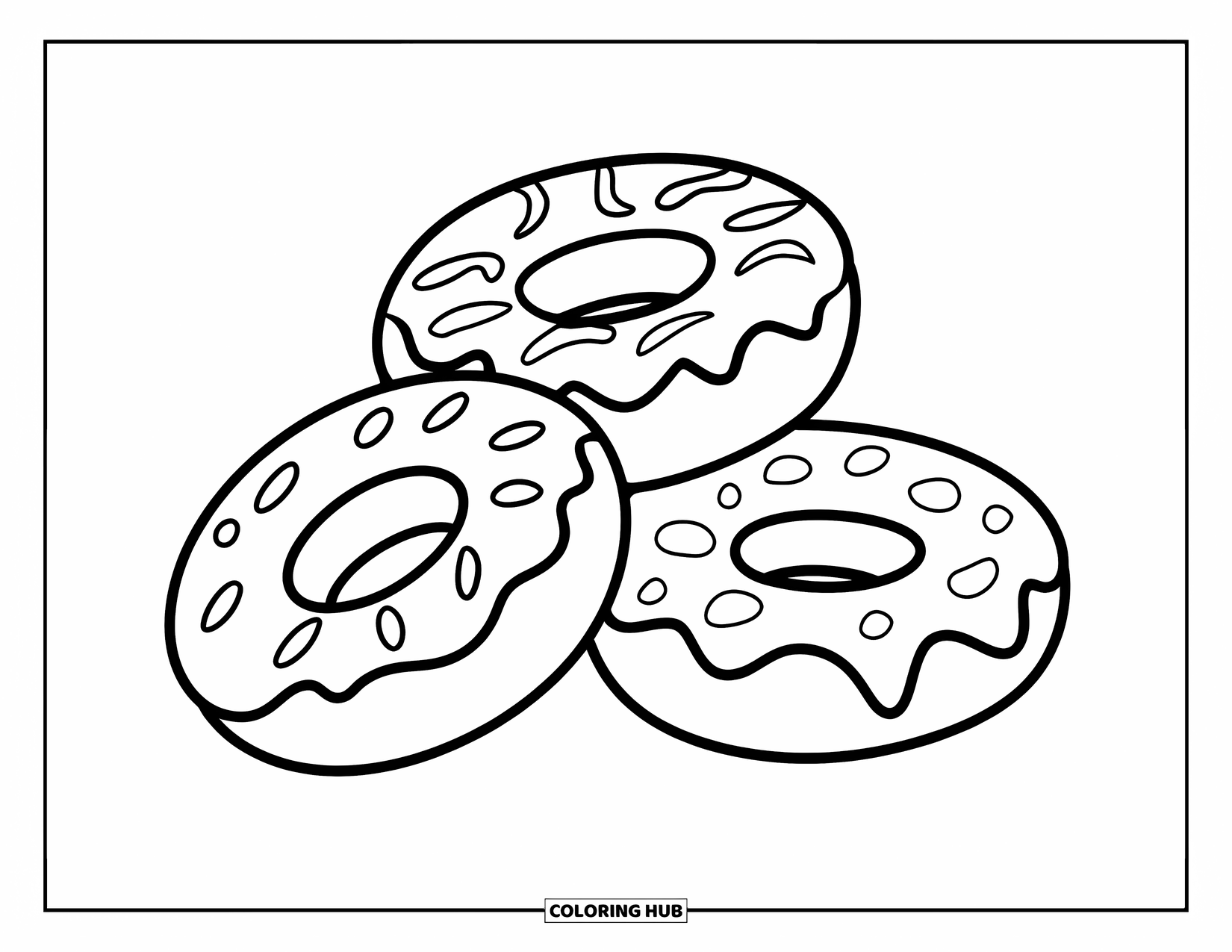 Donut Coloring Page for Kids: A stack of three donuts, each with a different glaze, perfect for little ones