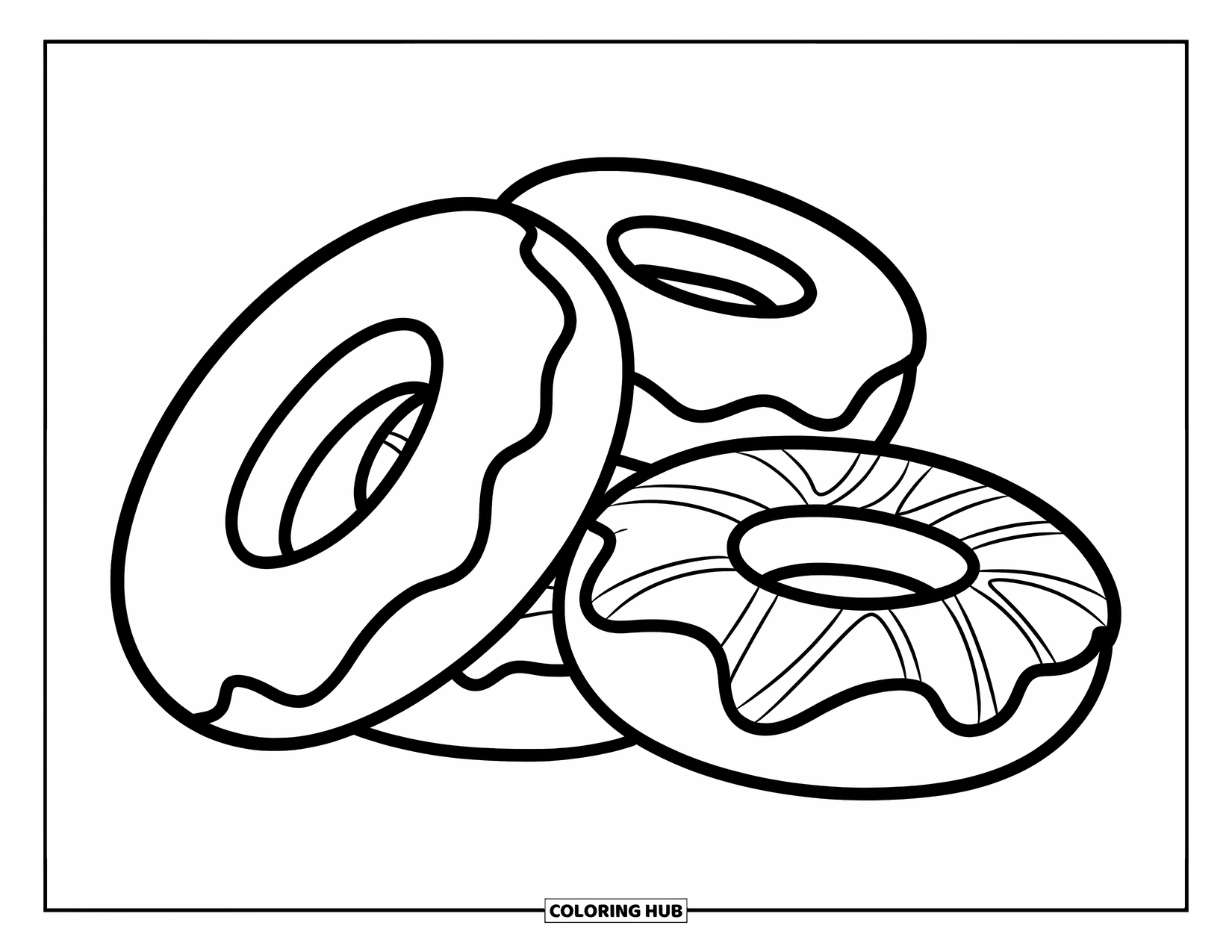 Donut Coloring Page for Kids: A stack of three donuts with different glazes, simple and playful for kids