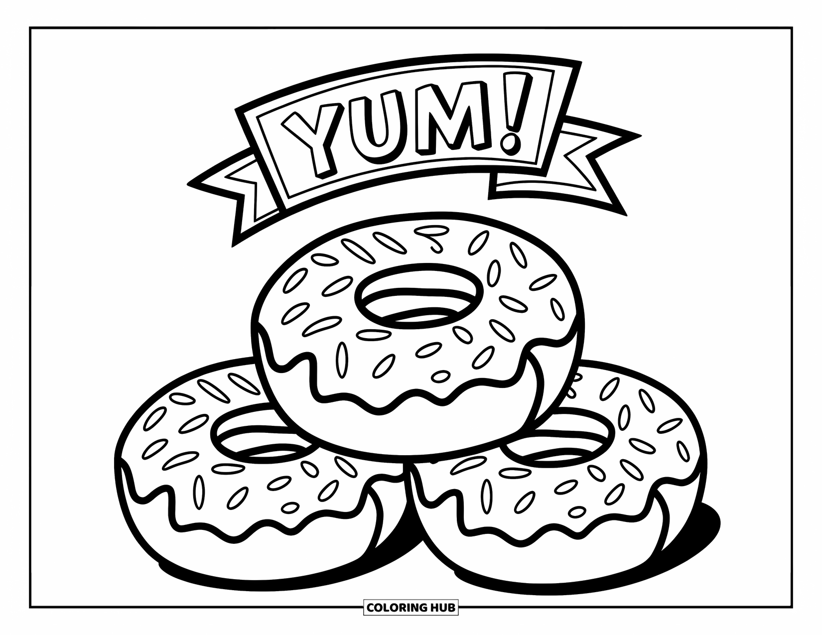 Donut Coloring Page for Kids: A trio of donuts in a pyramid shape, decorated with frosting and sprinkles