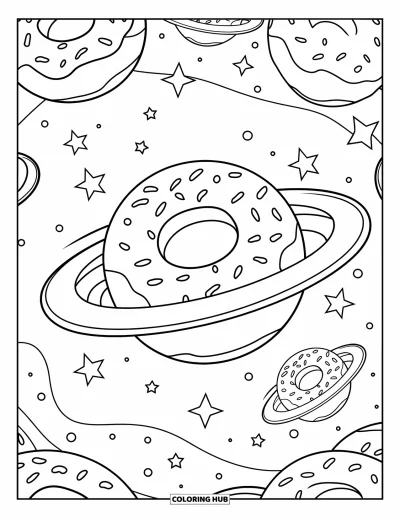 Coloriage de donut pour enfants : Une galaxie fantaisiste avec des planètes en forme de donuts entourées d’étoiles, prête pour une scène hors du commun