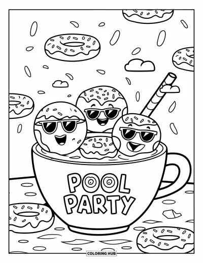 Coloriage de donut pour enfants : Des donuts organisent une fête à la piscine dans une tasse de café, portant des lunettes de soleil et flottant sur des îles