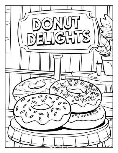 Coloriage de donut pour enfants : Trois donuts exposés dans une boutique de donuts, chacun avec une garniture unique et des détails amusants