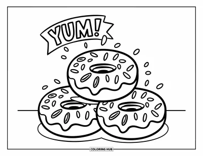 Coloriage de donut pour enfants : Trois donuts empilés avec des tourbillons de glaçage et des vermicelles, surmontés d’une bannière « Miam ! »