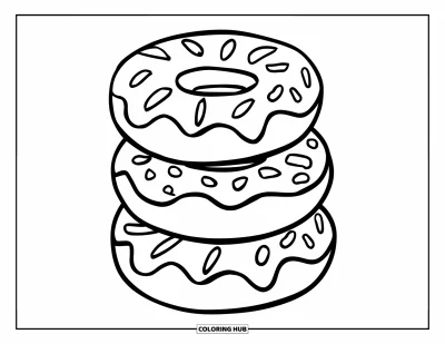 Coloriage de donut pour enfants : Trois donuts avec différents glaçages empilés haut, simples et amusants à colorier