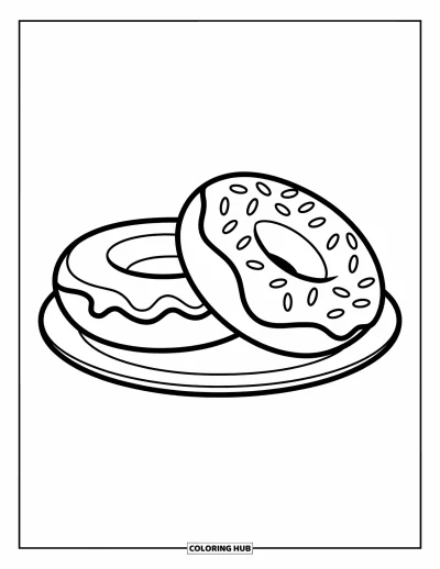 Coloriage de donut pour enfants : Deux donuts, un avec du glaçage et un avec des vermicelles, un duo sucré pour les petits artistes