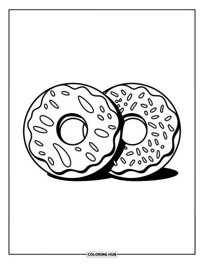 Coloriage de donut pour enfants : Deux donuts côte à côte, un avec du glaçage et un avec des vermicelles, pour une douce gâterie
