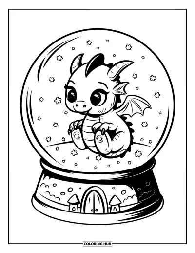Dibujo de dragones para colorear para adultos: Un bebé dragón flota en una bola de nieve, mirando copos girar alrededor de la base de un castillo