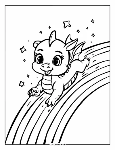 Dibujo de dragones para colorear para adultos: Un bebé dragón se desliza alegremente por un arcoíris, rodeado de estrellas brillantes